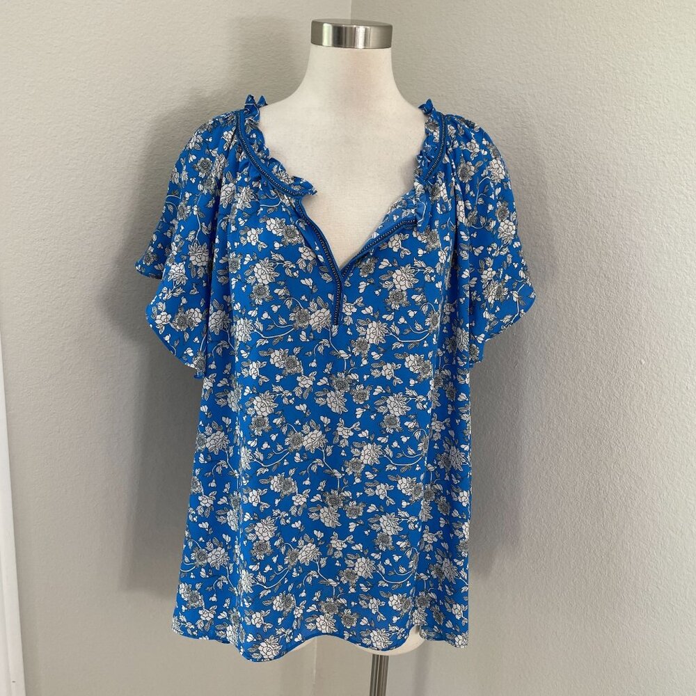 Max Studio Womens Plus 3X Floral Blue Tunic Top Ruffle Neck Blouse Shirt